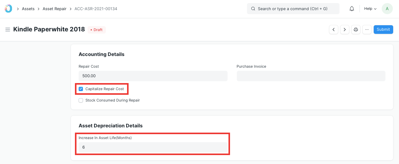 Asset Repair with Capitalize Repair Cost checked