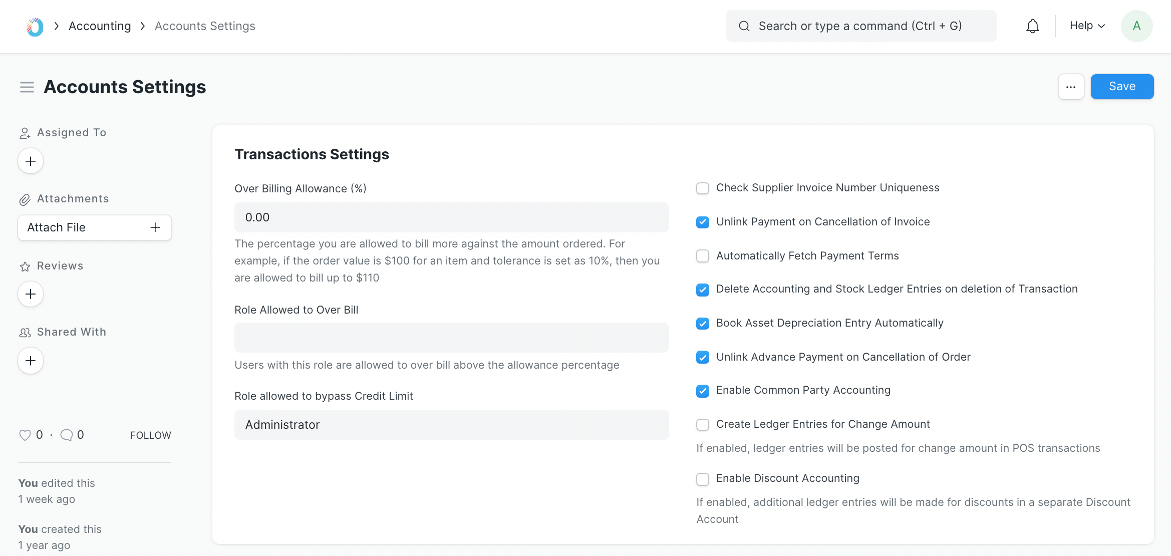 Transactions Settings