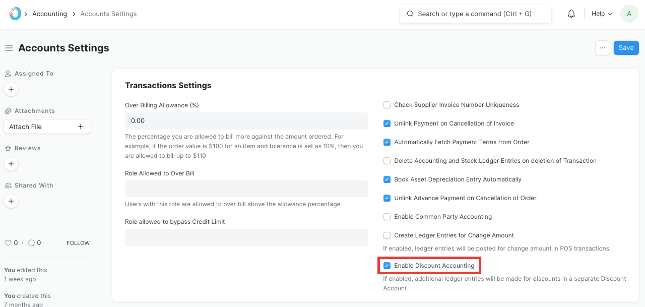 Enable Discount Accounting checkbox