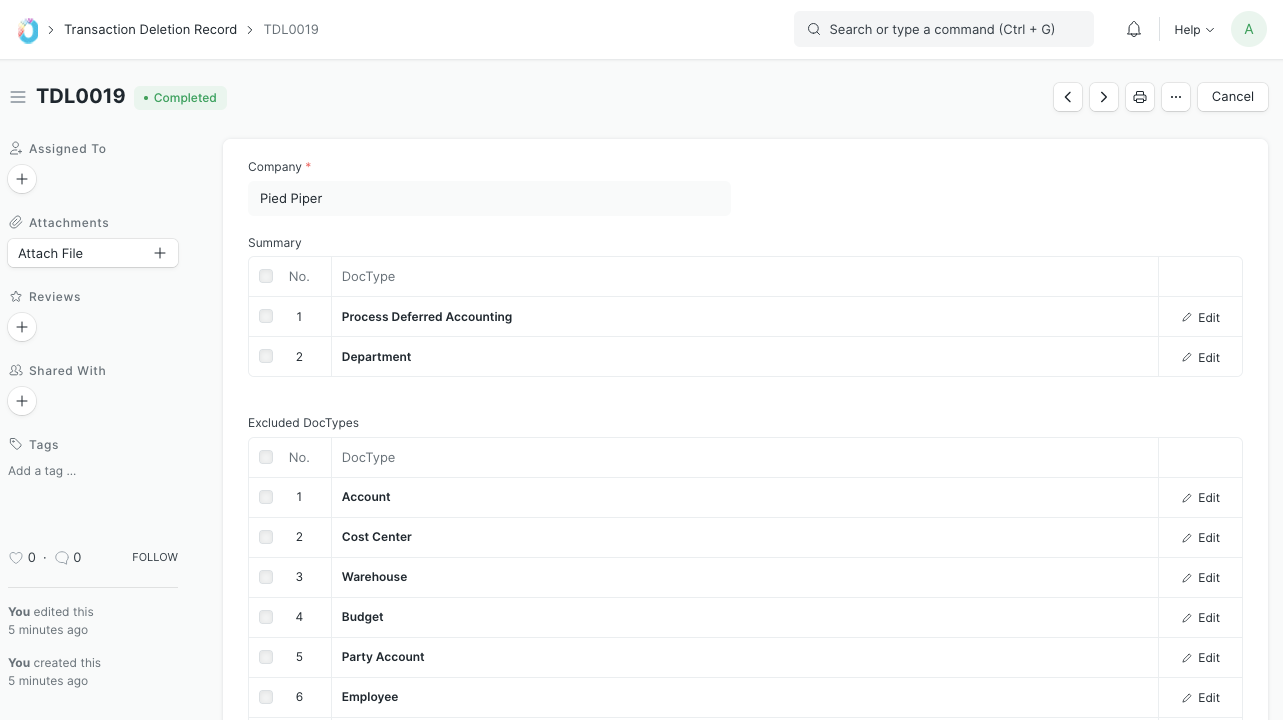 Transaction Deletion Record
