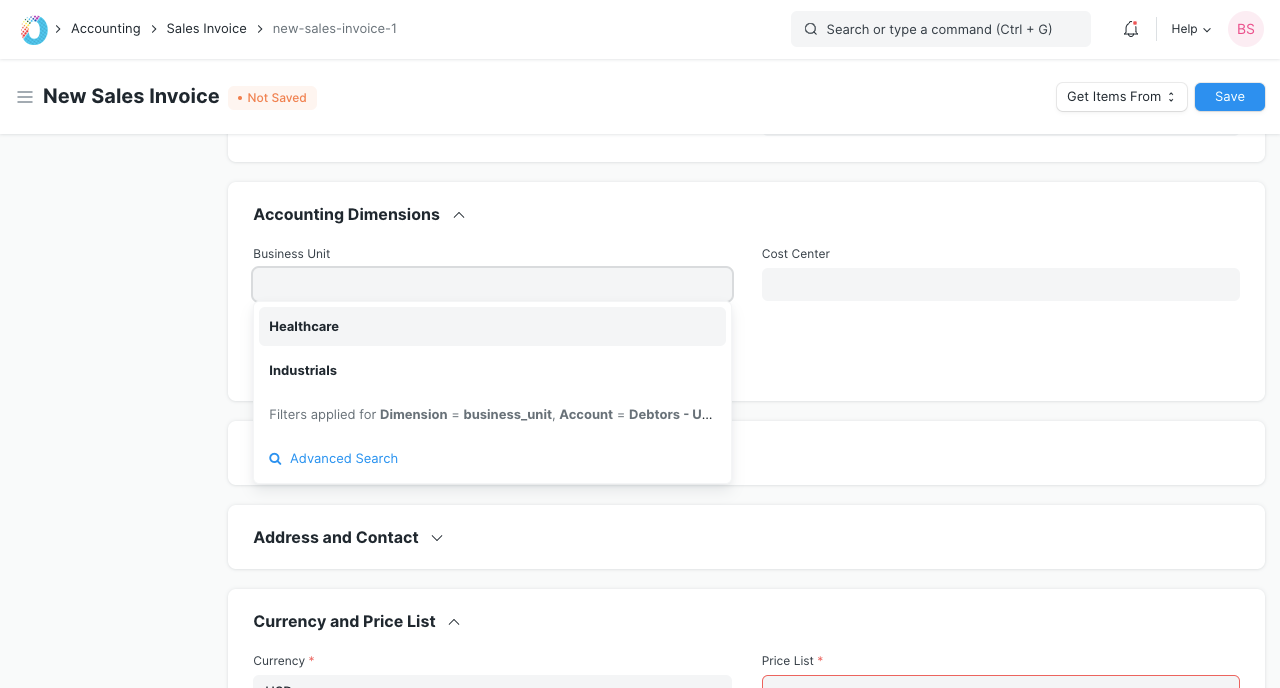 Accounting Dimension in Sales Invoice