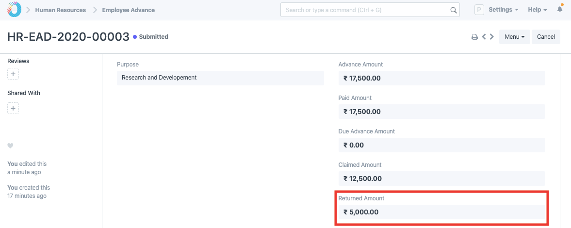 Return advance Amount