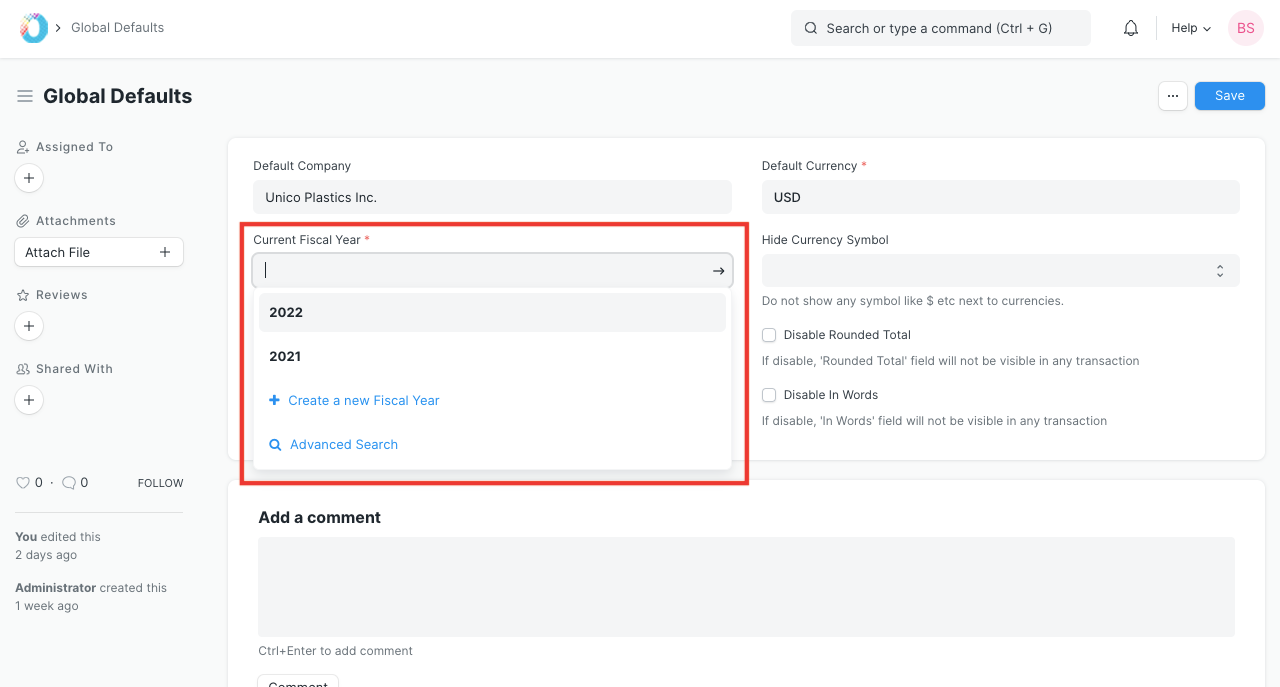 Current Fiscal Year Setting in Global Defaults