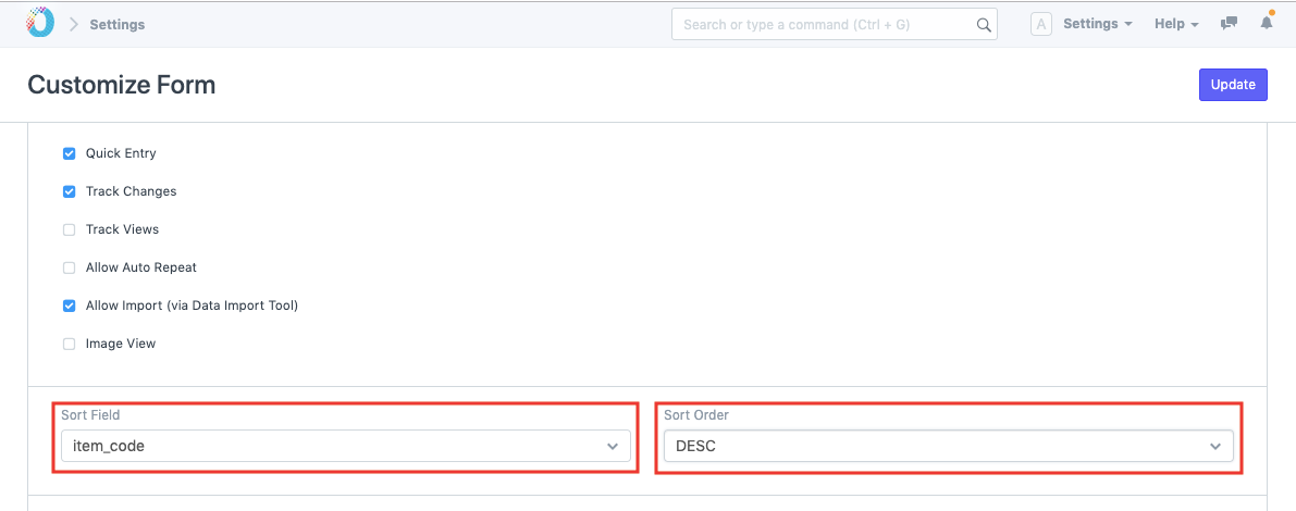 Sort Order field