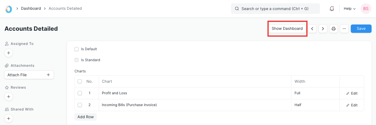 Show Dashboard Button
