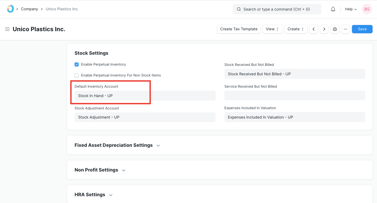 Default Inventory Account in Company