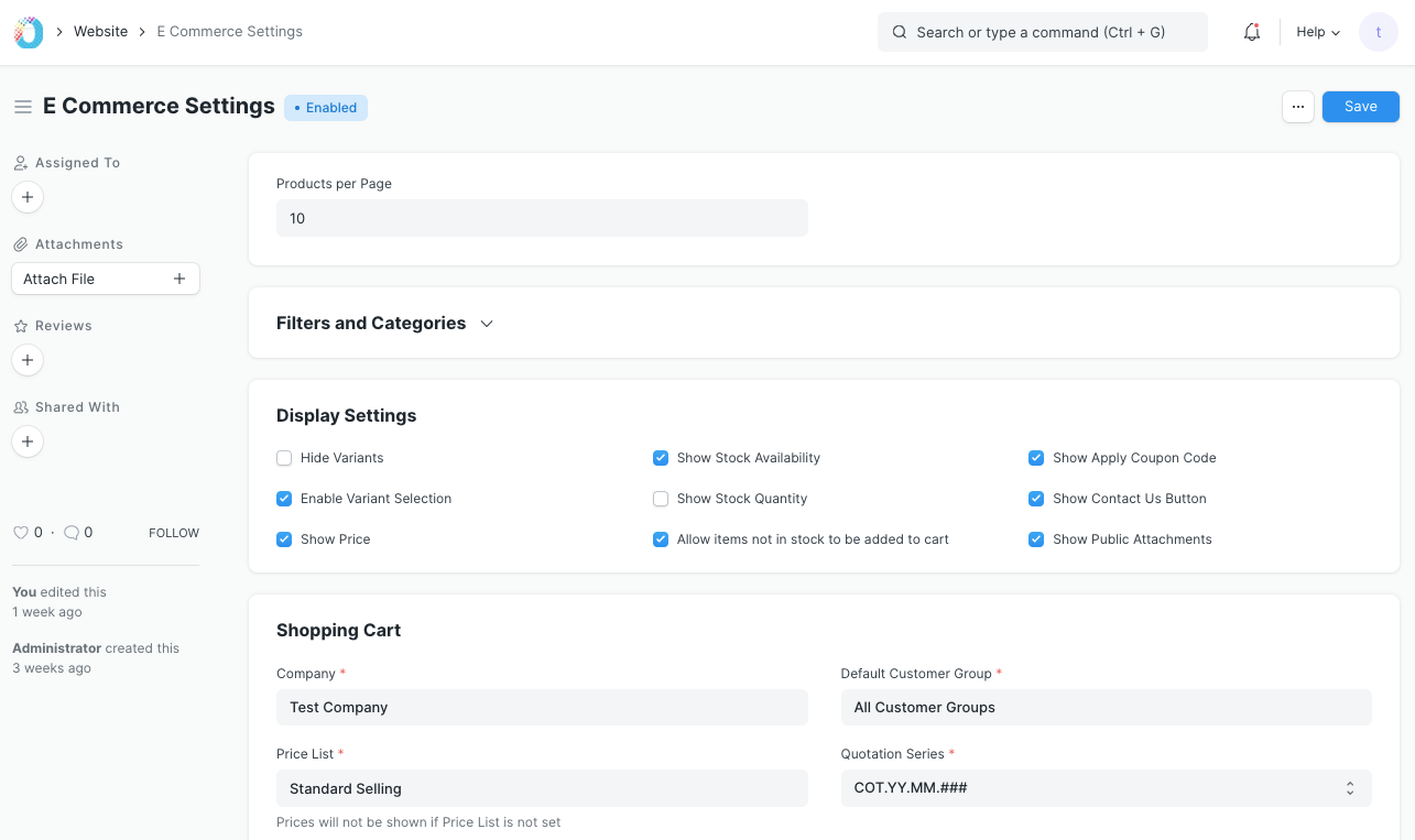 E Commerce Settings