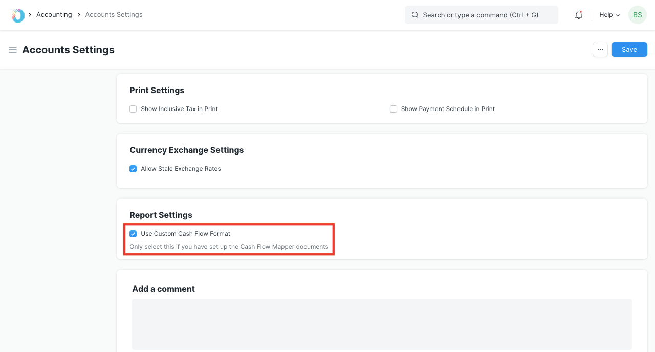 Enable Custom Cash Flow Report