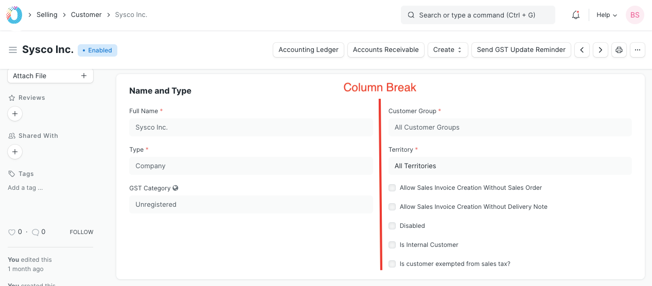 Field Type Column Break