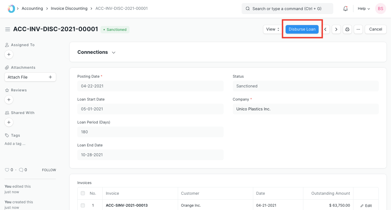 Disburse Loan in Invoice Discounting