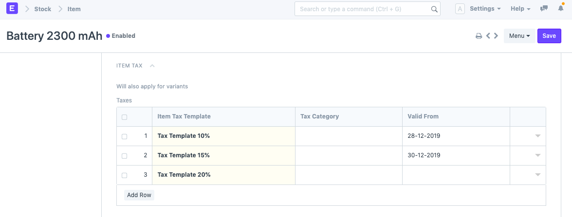 Item Tax in Item Group