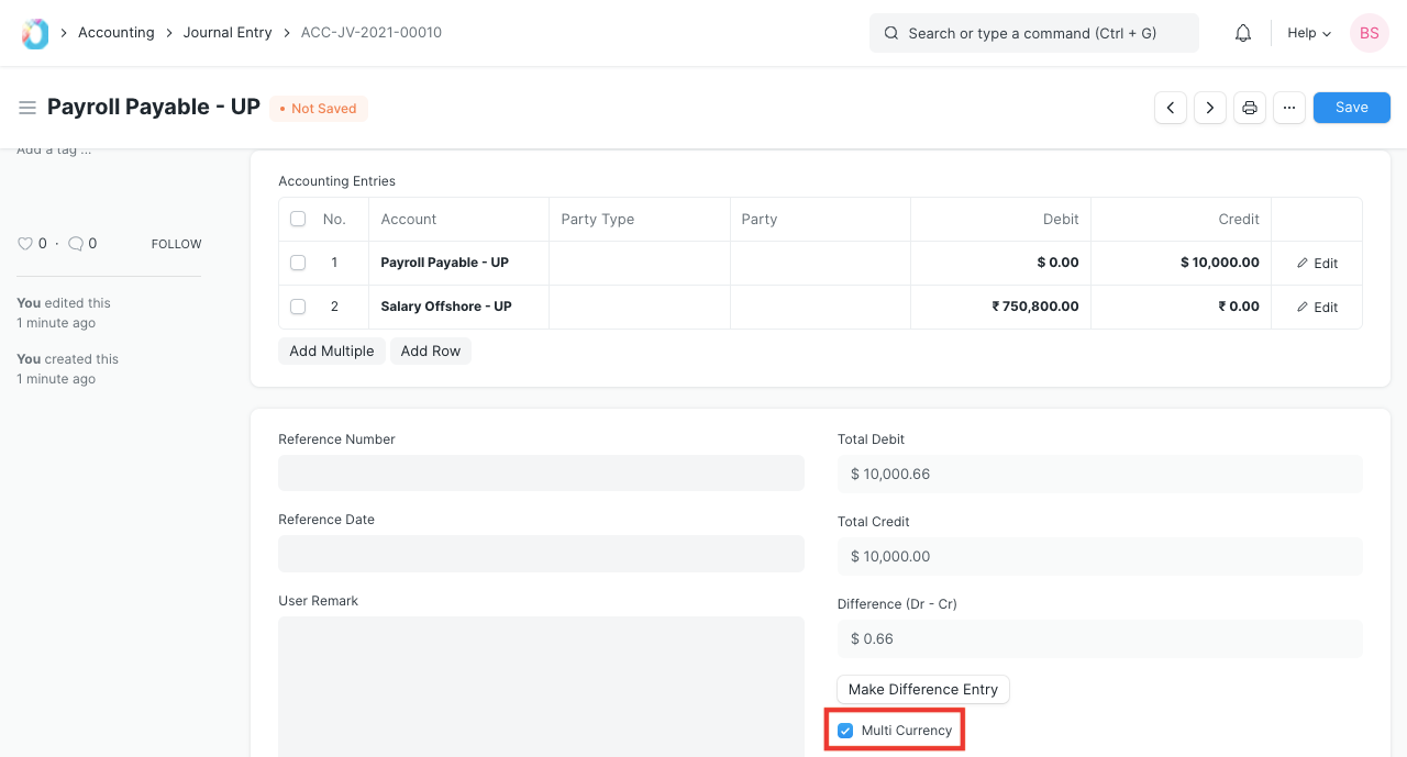 Multi-currency in Journal Entry