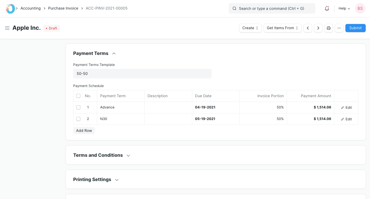 Purchase Invoice Payment Terms