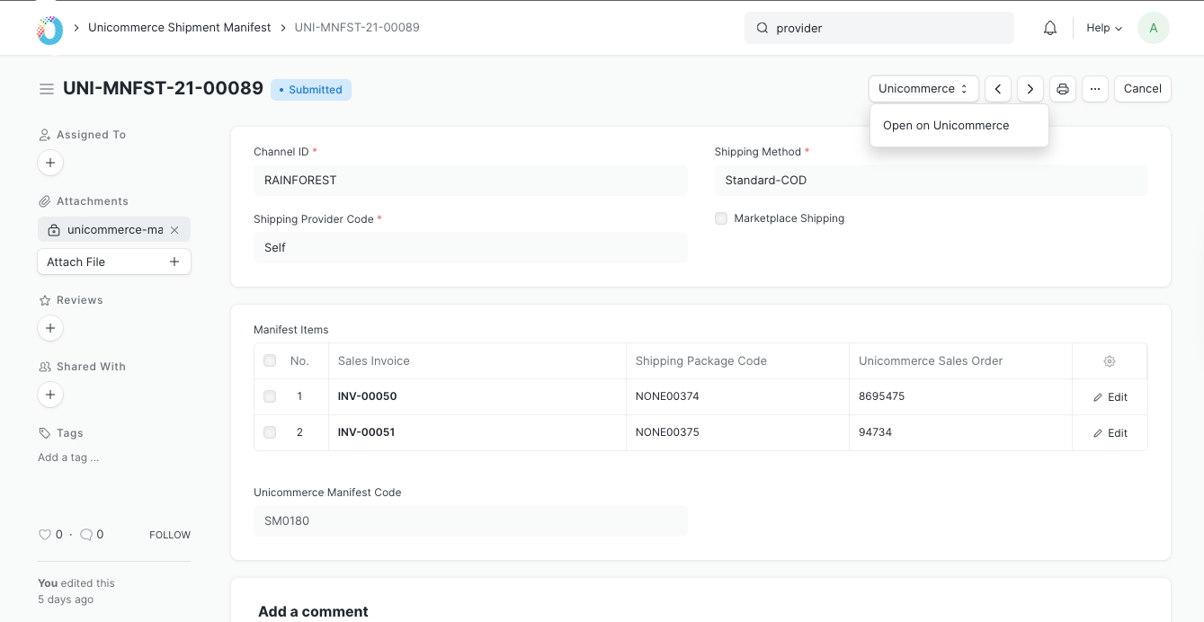 Unicommerce shipment manifest