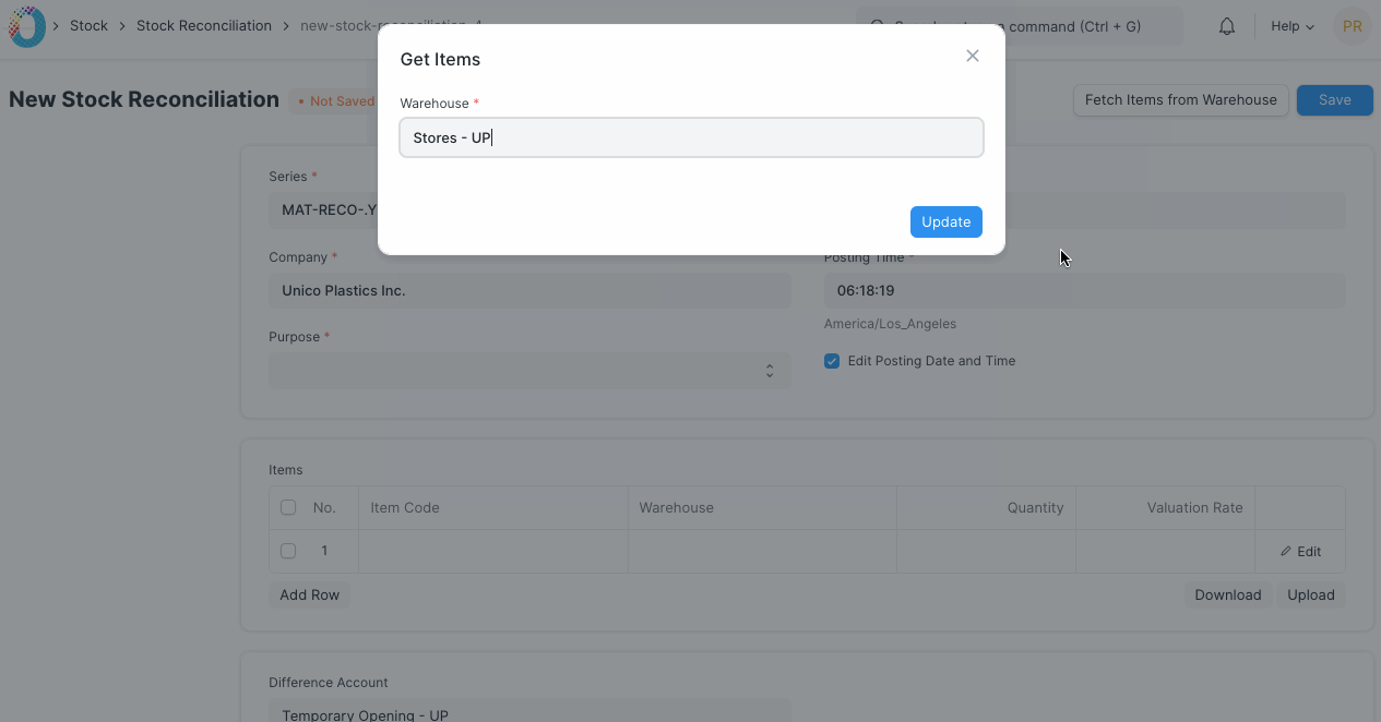 Stock Reconciliation Items Button