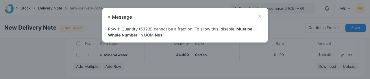 UoM Validation Message