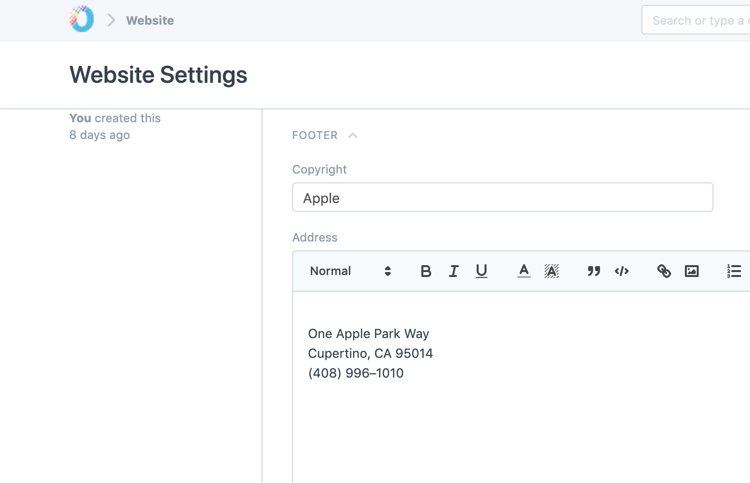 Website Settings - Footer Address