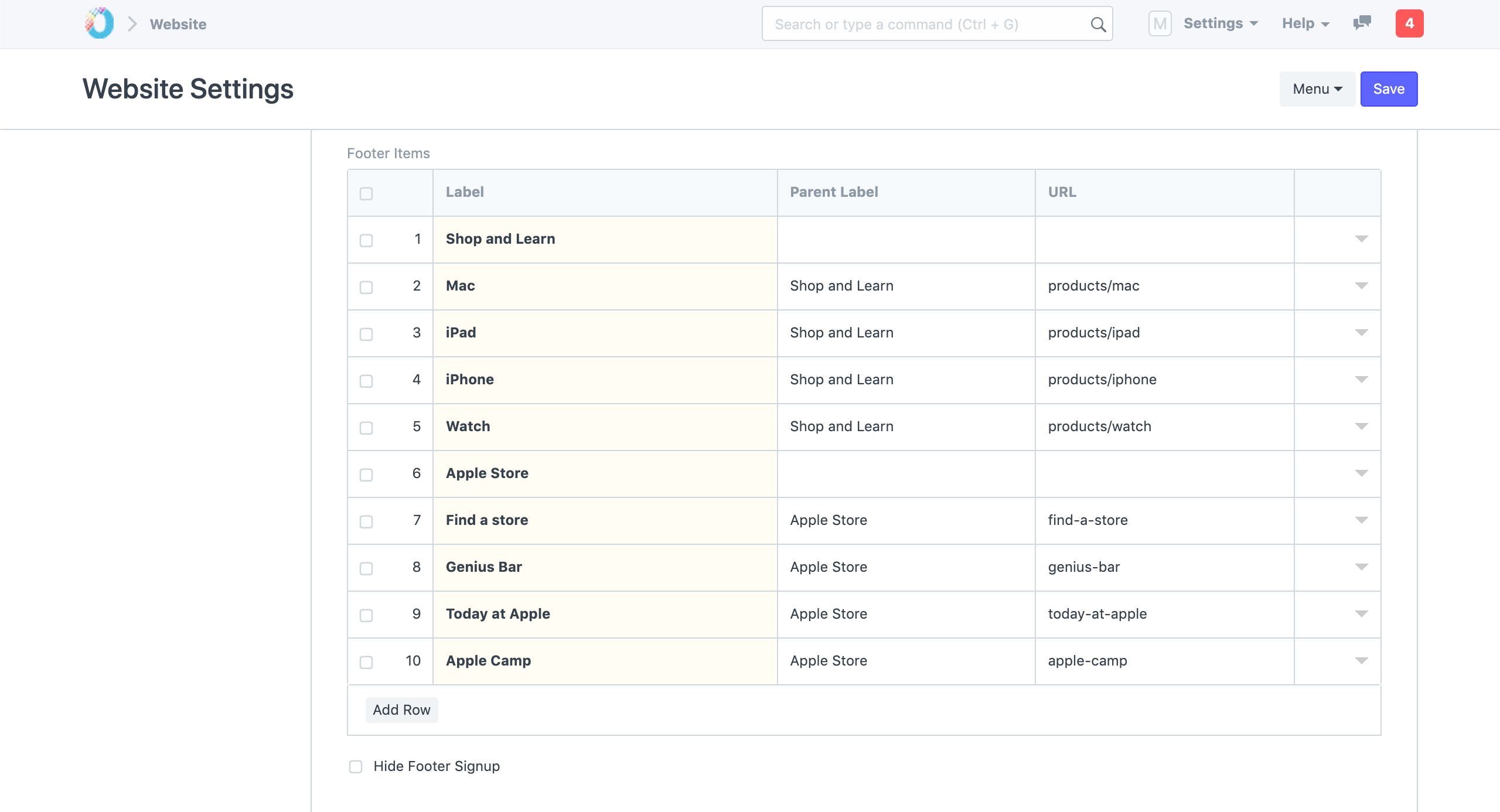 Website Settings - Footer Links