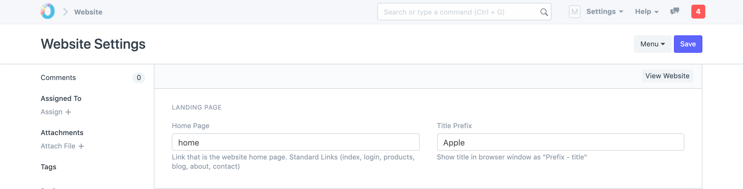 Website Settings - Landing Page